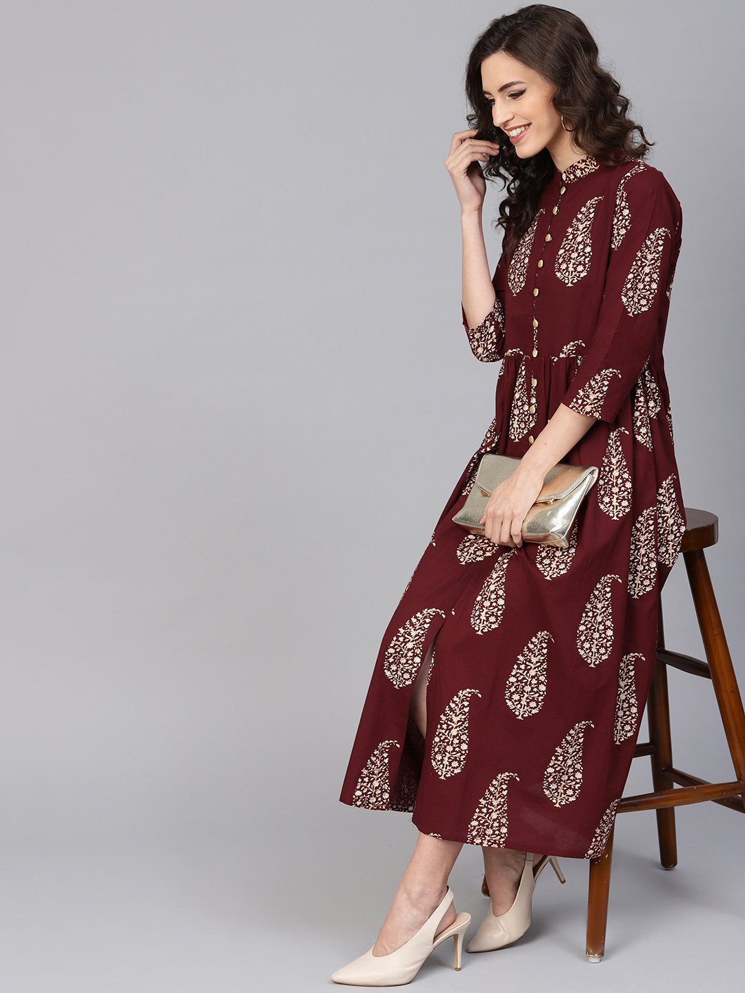 GERUA Women Maroon & Golden Block Print A-Line Dress Price in India