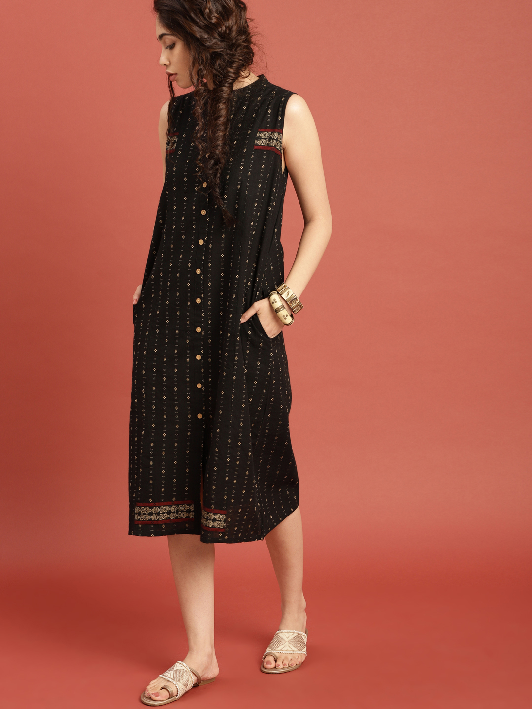 Taavi Women Black & Beige South Cotton Woven Legacy A-Line Midi Dress with Pockets Price in India