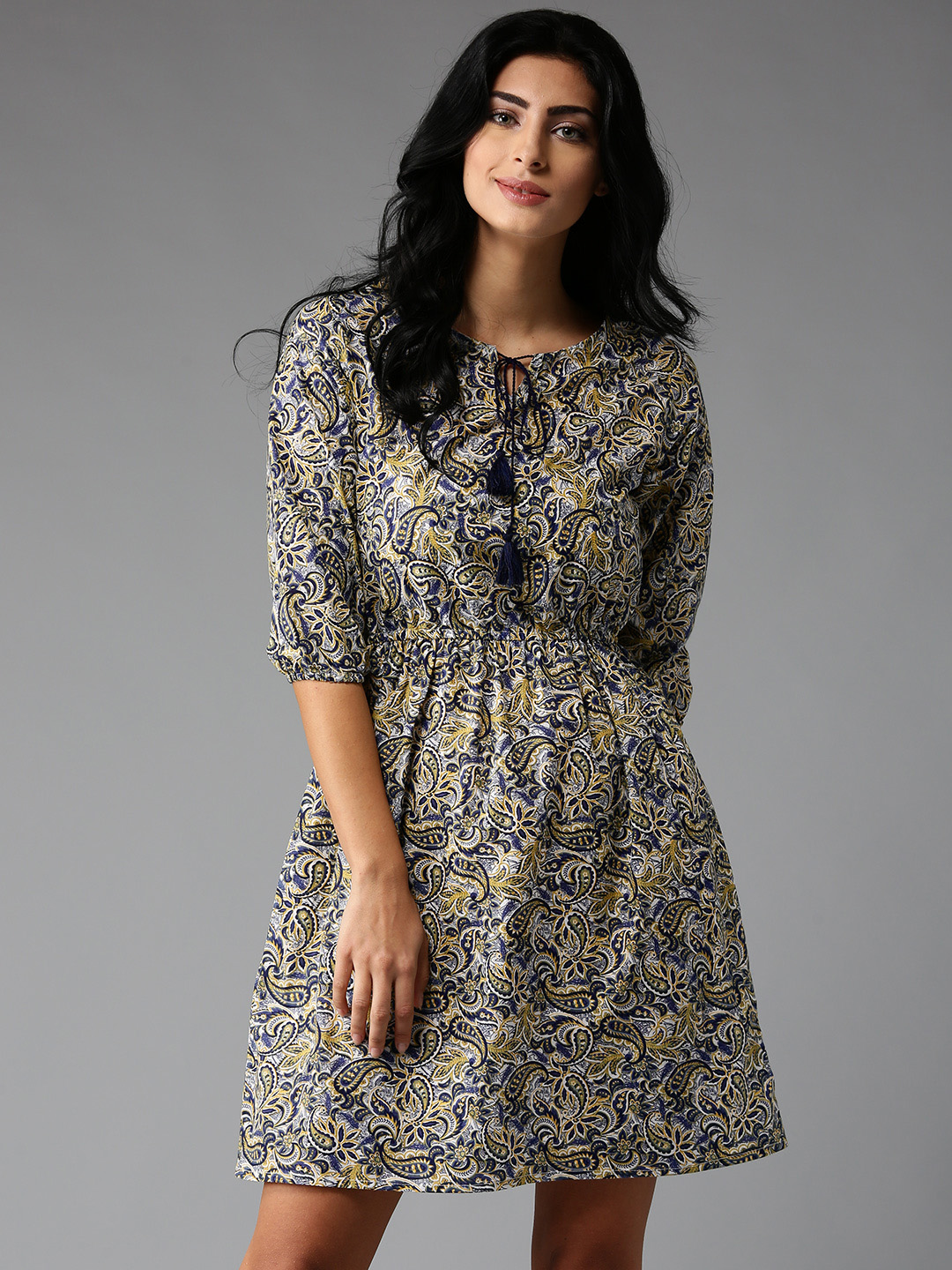 HERE&NOW Women Navy & Yellow Printed Fit & Flare Dress Price in India