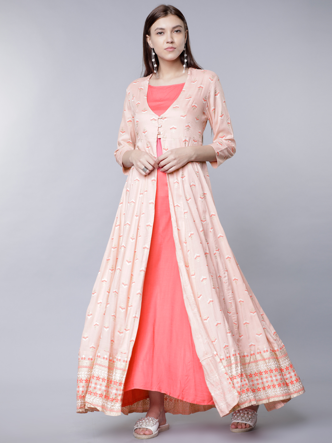 Vishudh Women Pink Solid Layered Maxi Dress with Front Open Jacket Price in India