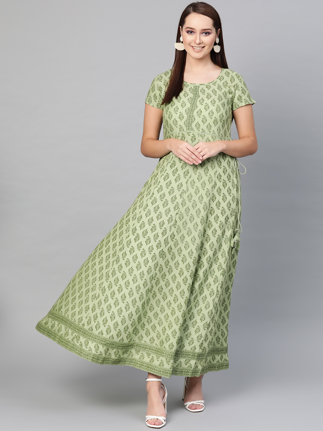 AKS Women Green Printed Fit and Flare Dress Price in India