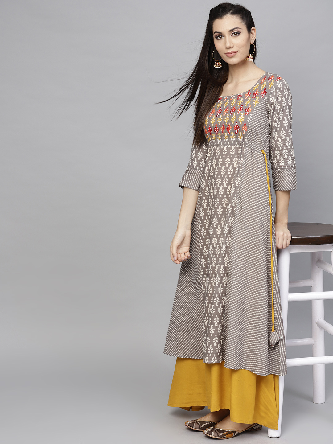 AKS Women Grey & Off-White Printed Layered Maxi Dress Price in India