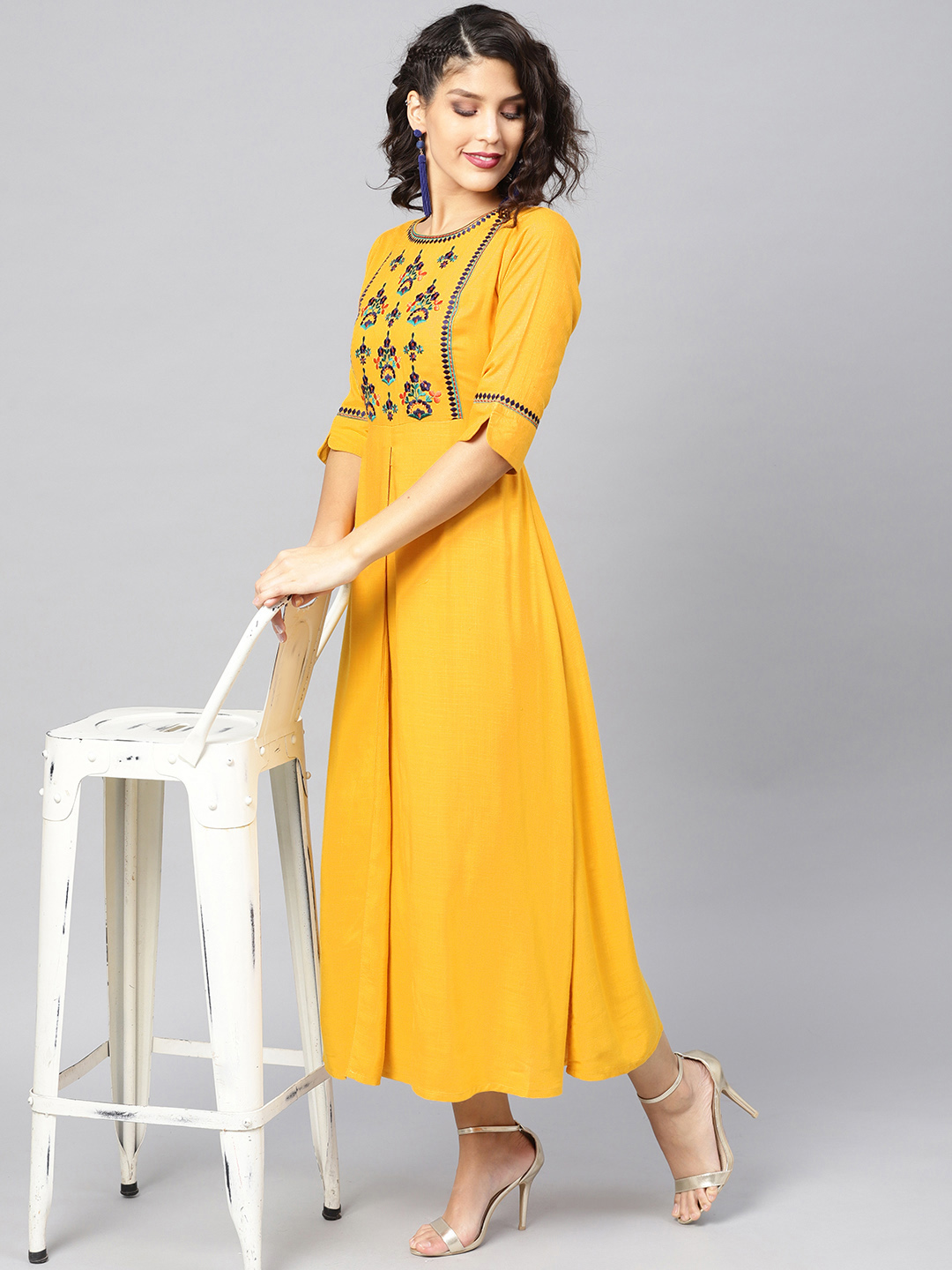 Libas Women Yellow Embroidered Maxi Dress Price in India