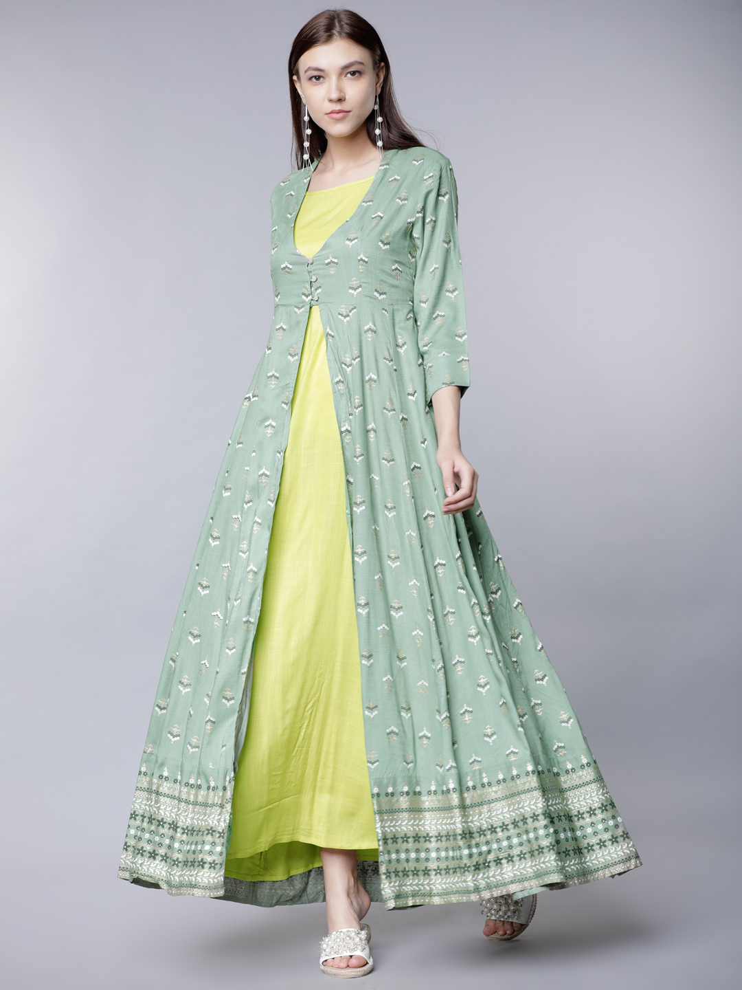Vishudh Women Green Solid Layered Maxi Dress with Front Open Jacket Price in India