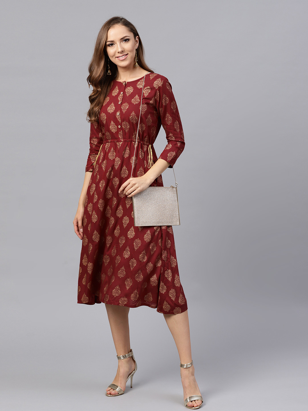 SASSAFRAS Women Maroon Printed Fit and Flare Dress Price in India
