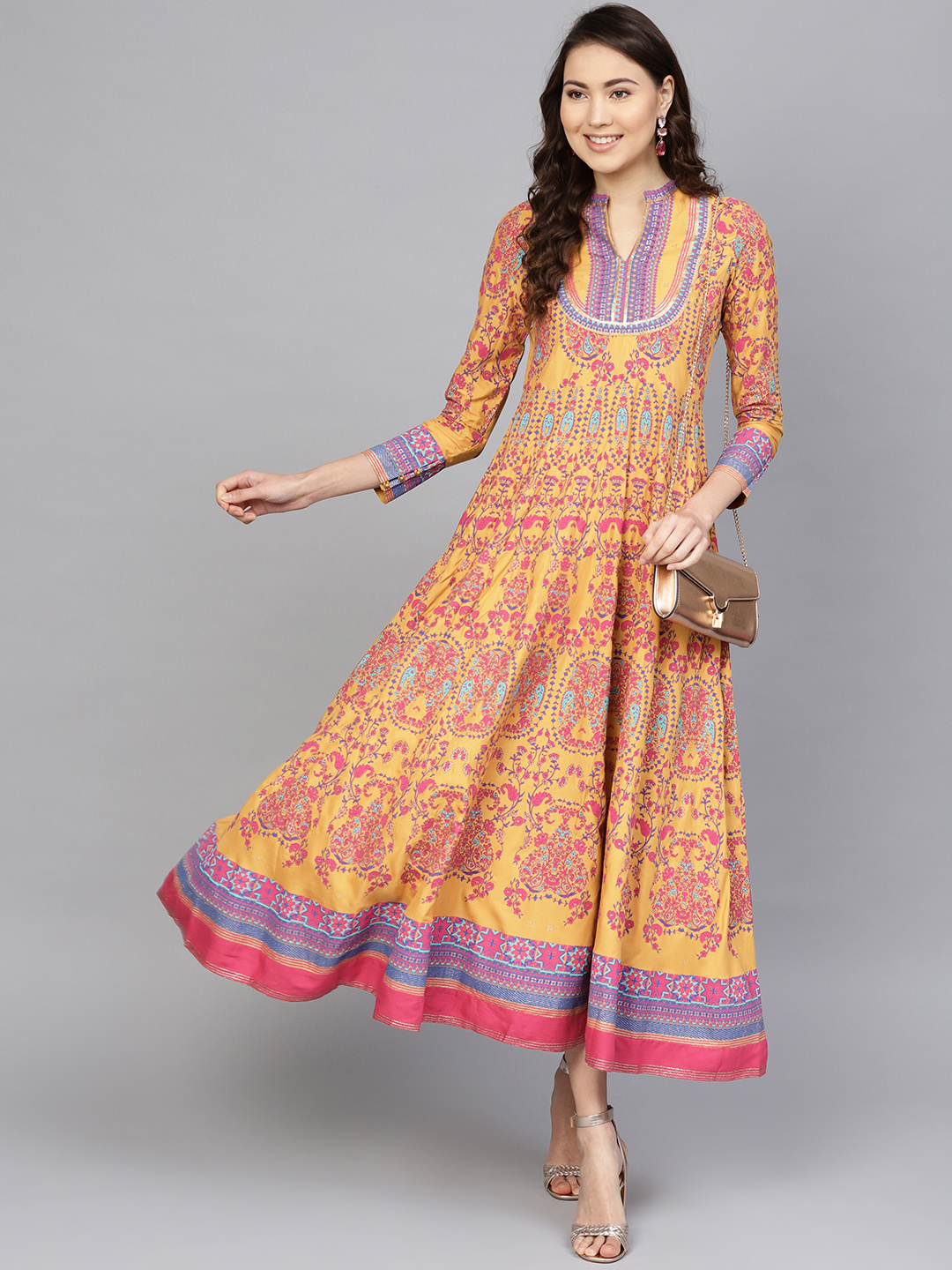 W Women Mustard Yellow & Pink Printed Maxi Dress Price in India