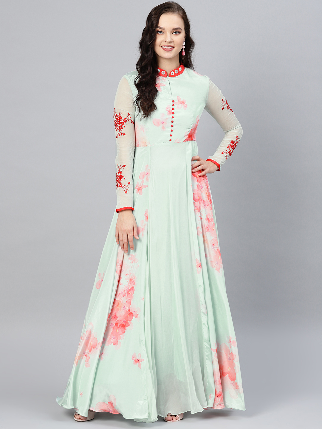 Inddus Women Sea Green & Red Printed Maxi Dress Price in India