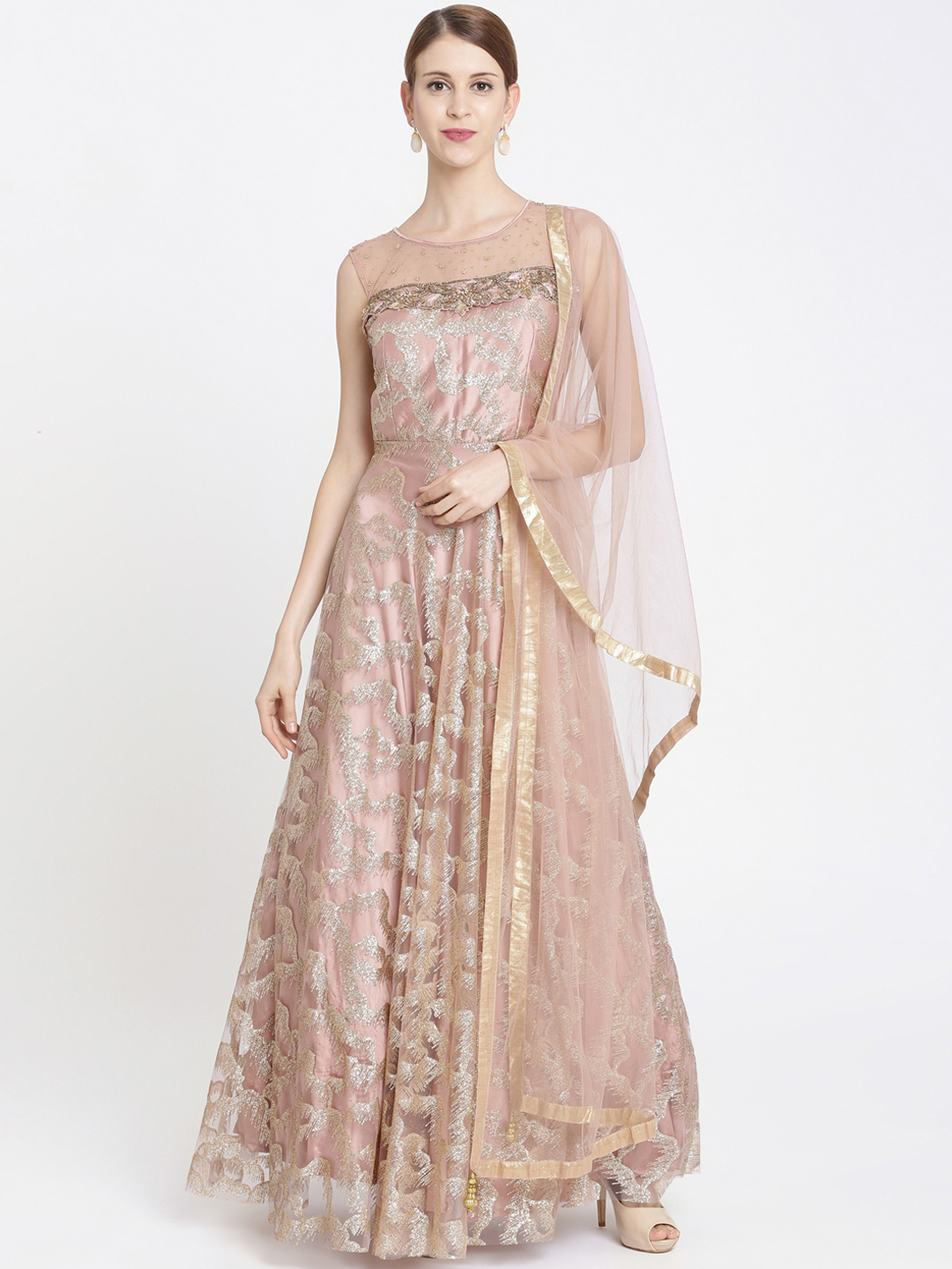 Koskii Women Nude Embellished Ethnic Maxi Dress With Dupatta Price in India