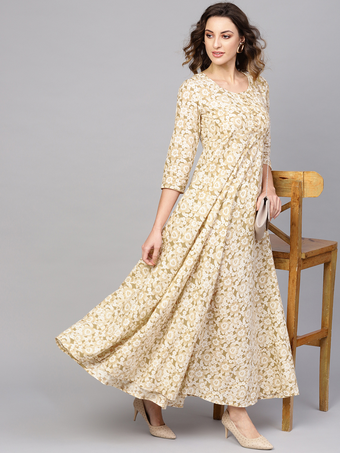 AKS Women Off-White & Beige Printed Maxi Dress Price in India