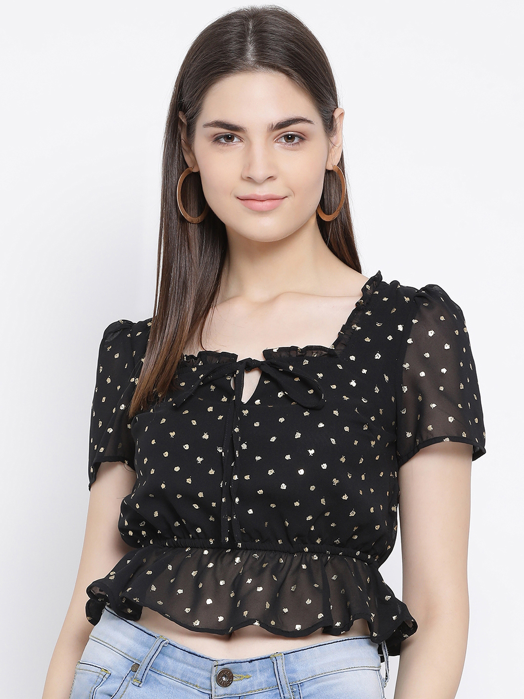 Oxolloxo Women Black Printed Cinched Waist Top Price in India