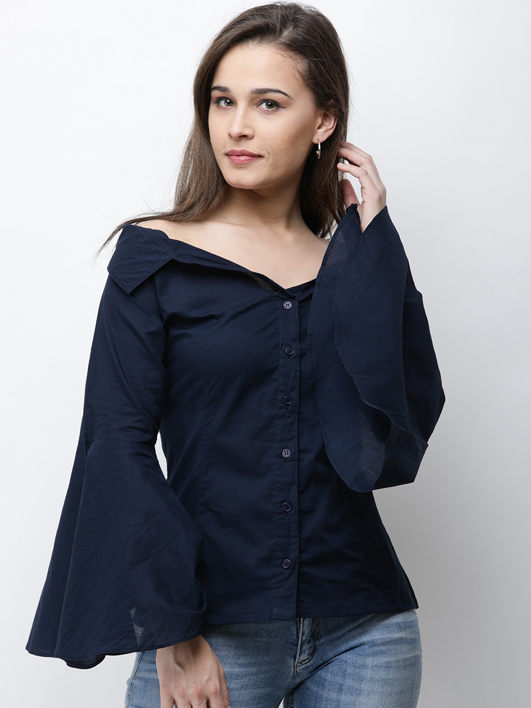 Cation Women Navy Blue Solid Shirt Style Top Price in India