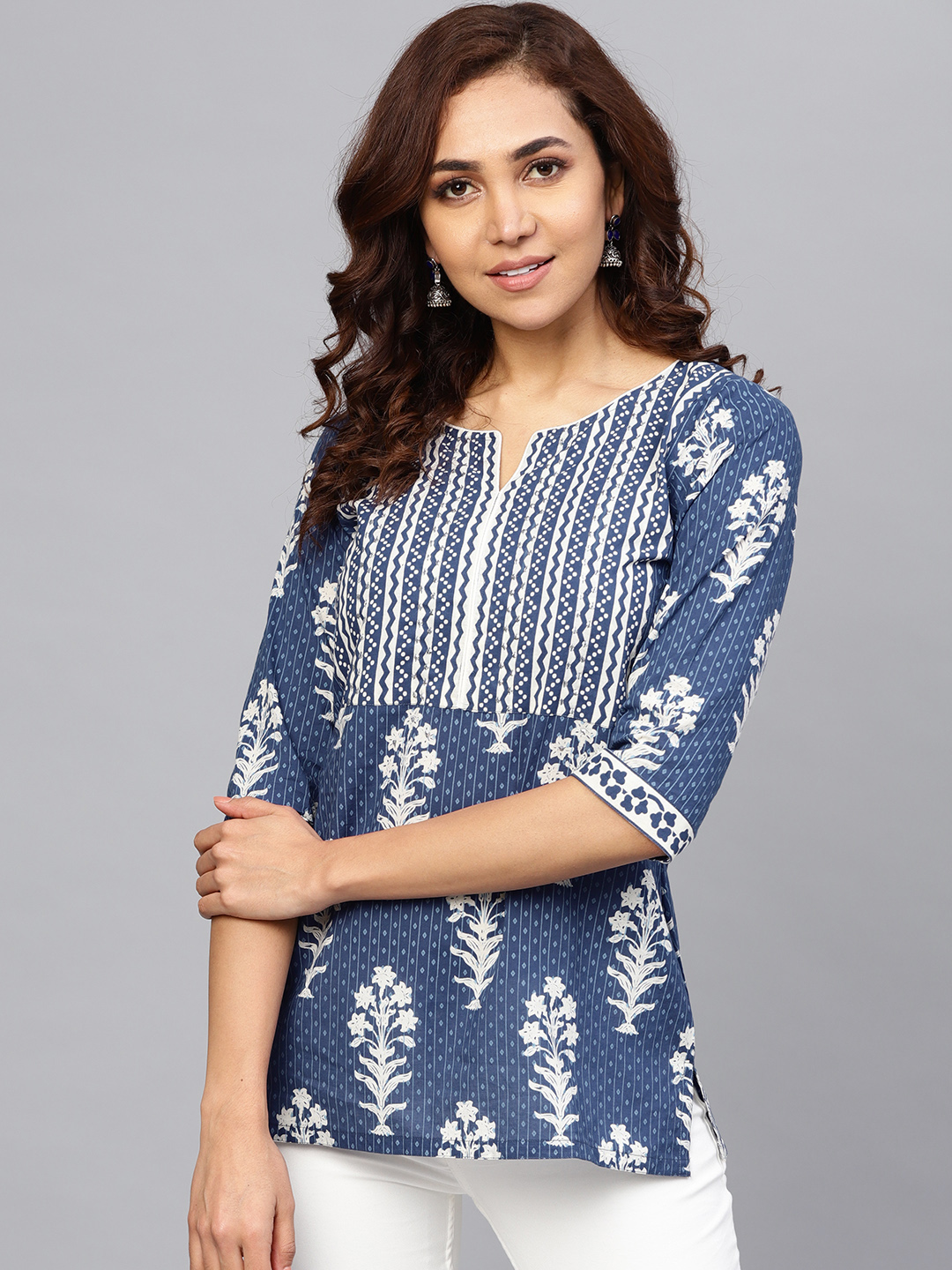 Rain & Rainbow Women Navy Blue & Off-White Printed A-line Kurti Price in India