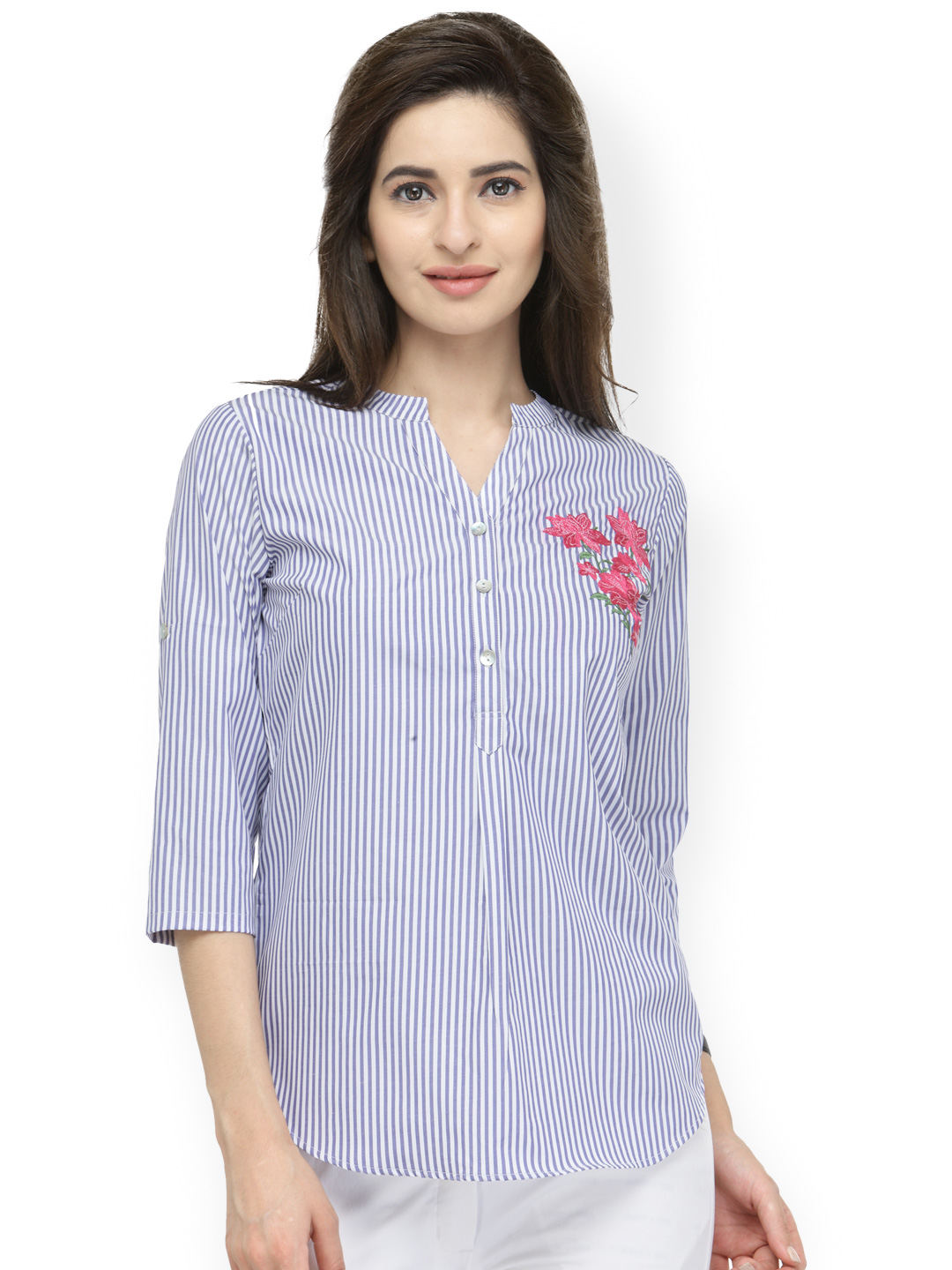 plusS Women Blue & White Striped Shirt Style Top Price in India