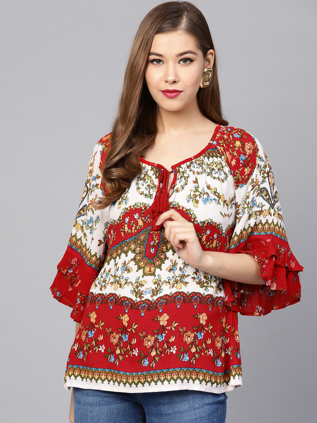 Rain & Rainbow Women Red & White Printed A-Line Top Price in India