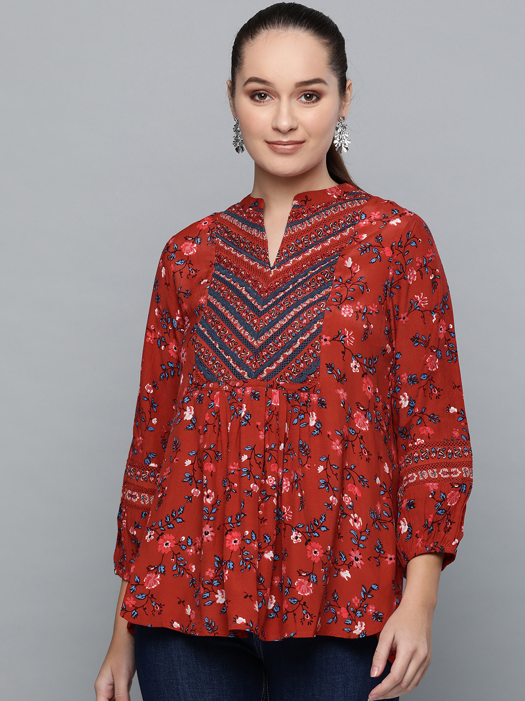 Label Ritu Kumar Women Maroon & Blue Printed Top Price in India