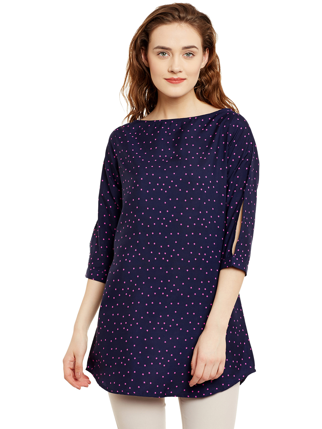 Ruhaans Navy Star Print Slim Fit A-Line Tunic Price in India