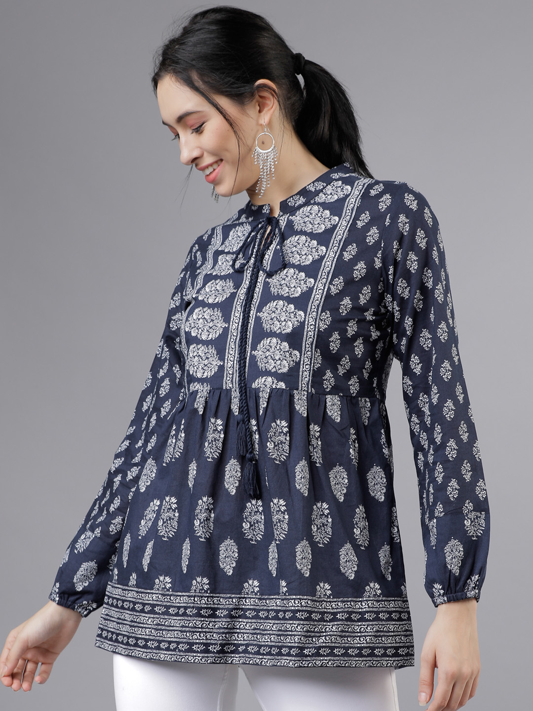 Vishudh Women Navy Blue & White Printed Tunic Price in India