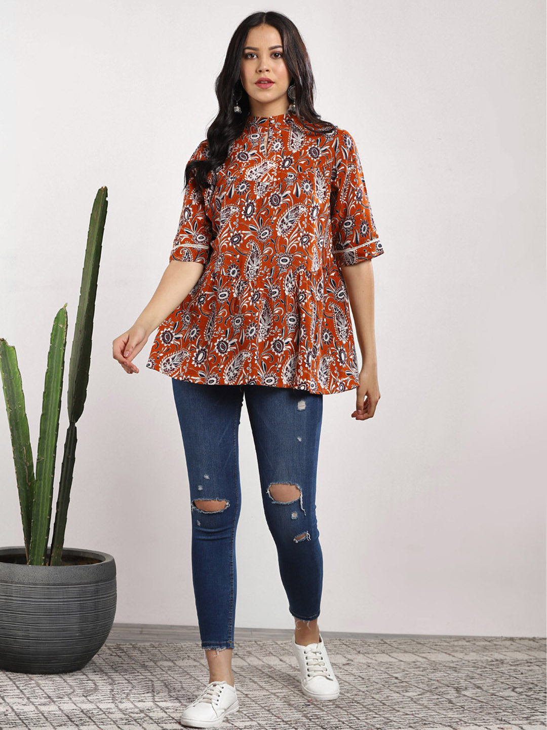 Sangria Women Rust Orange Printed A-Line Top Price in India