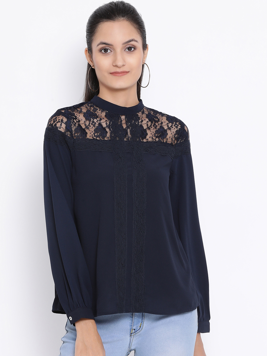 Oxolloxo Women Navy Blue Self Design A-Line Top Price in India