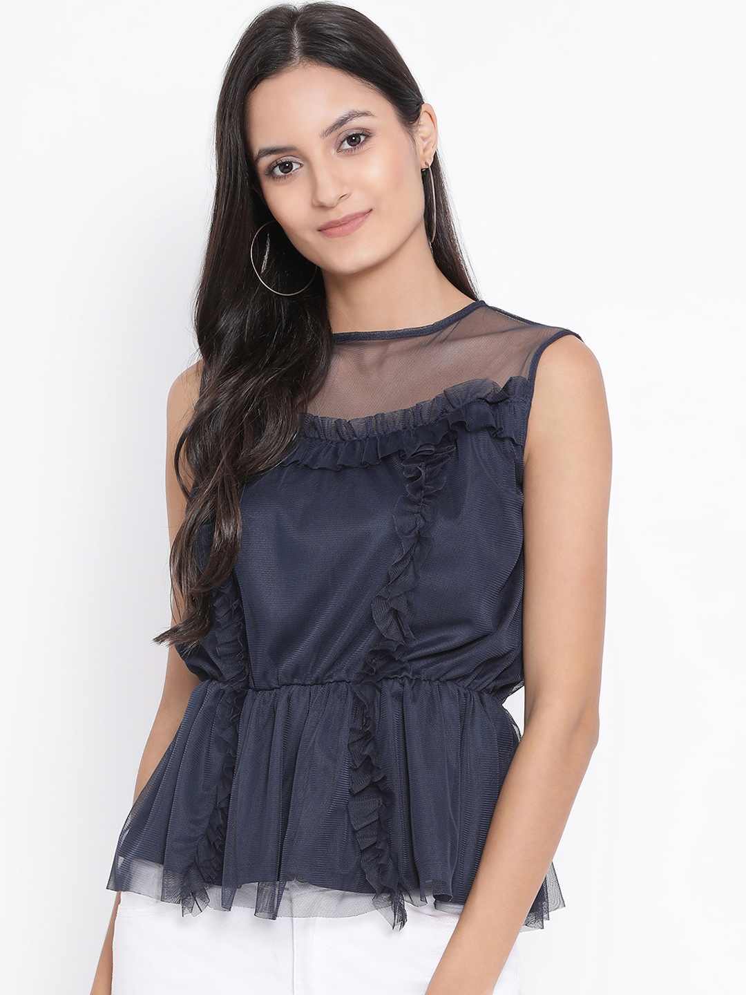 Oxolloxo Women Navy Blue Solid Cinched Waist Top Price in India