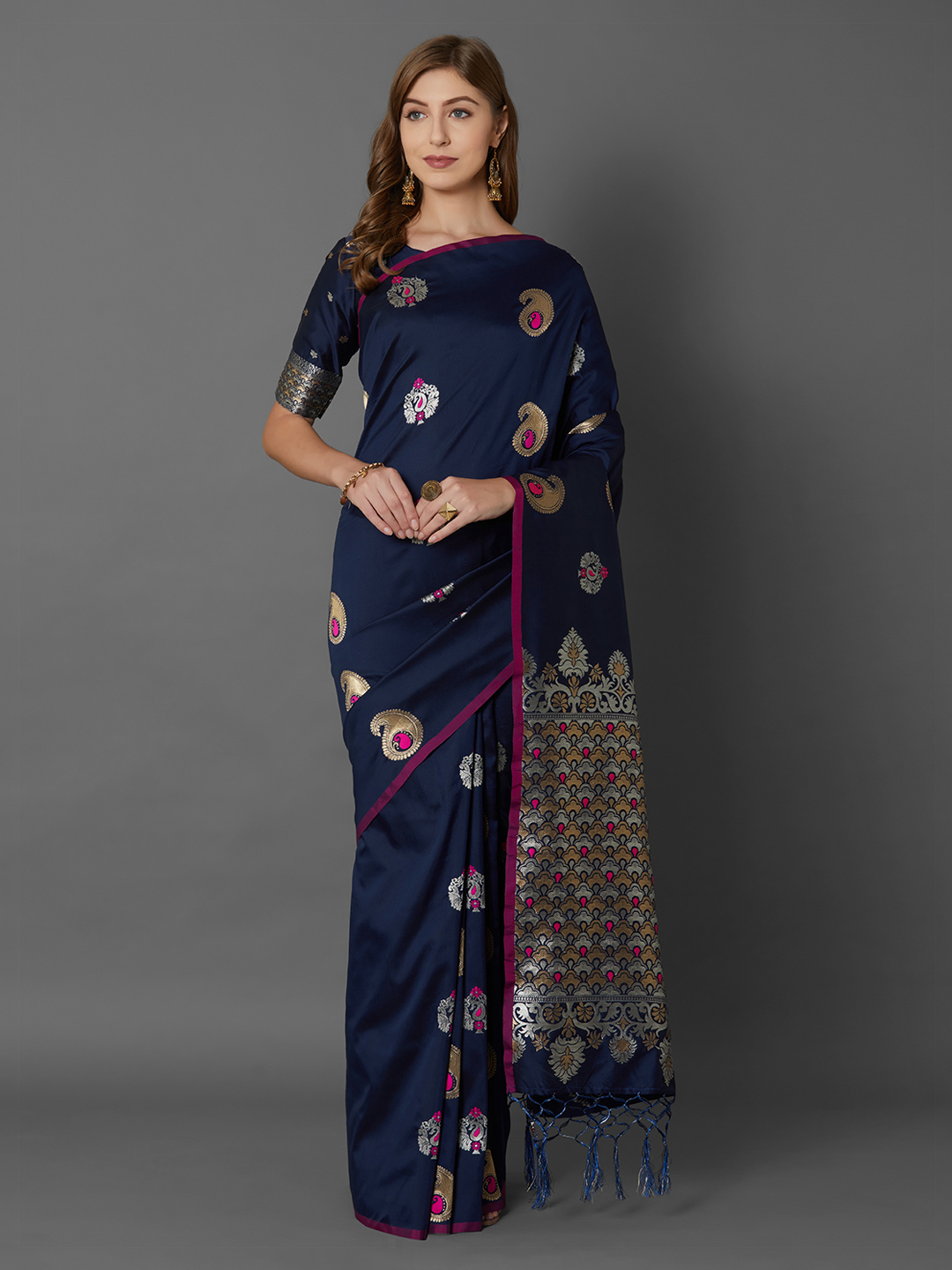 Mitera Navy Blue & Gold-Coloured Silk Blend Woven Design Banarasi Saree Price in India