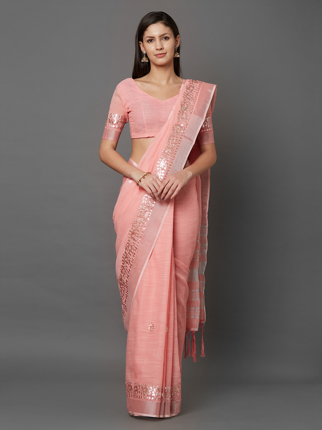 Mitera Peach-Coloured Solid Linen Blend Saree Price in India