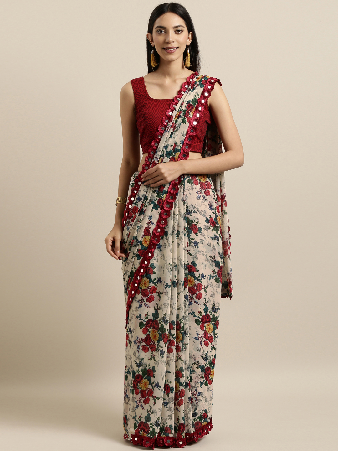 Tikhi Imli Off-White & Maroon Poly Georgette Printed Saree Price in India