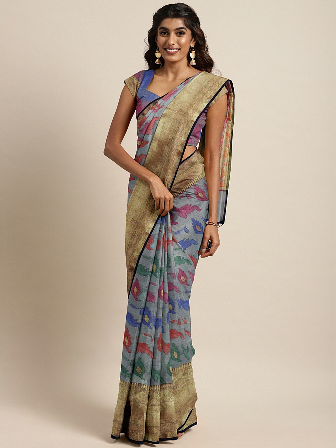 The Chennai Silks Classicate Charcoal Grey Organza Woven Design Banarasi Saree Price in India