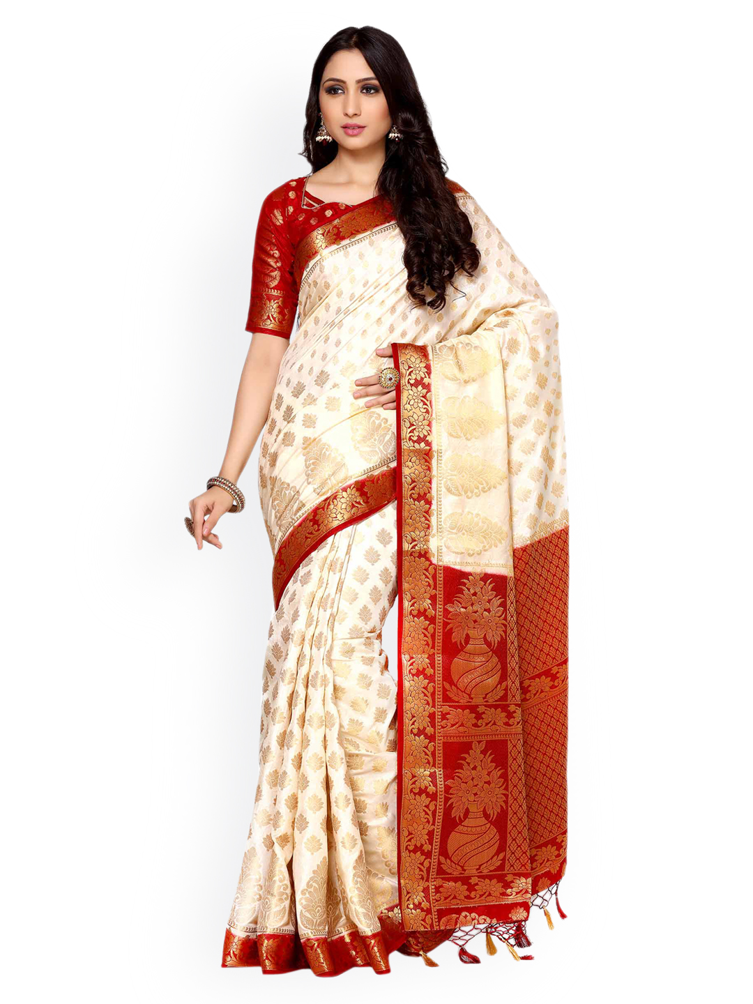 MIMOSA Off-White Art Silk Woven Design Kanjeevaram Saree Price in India