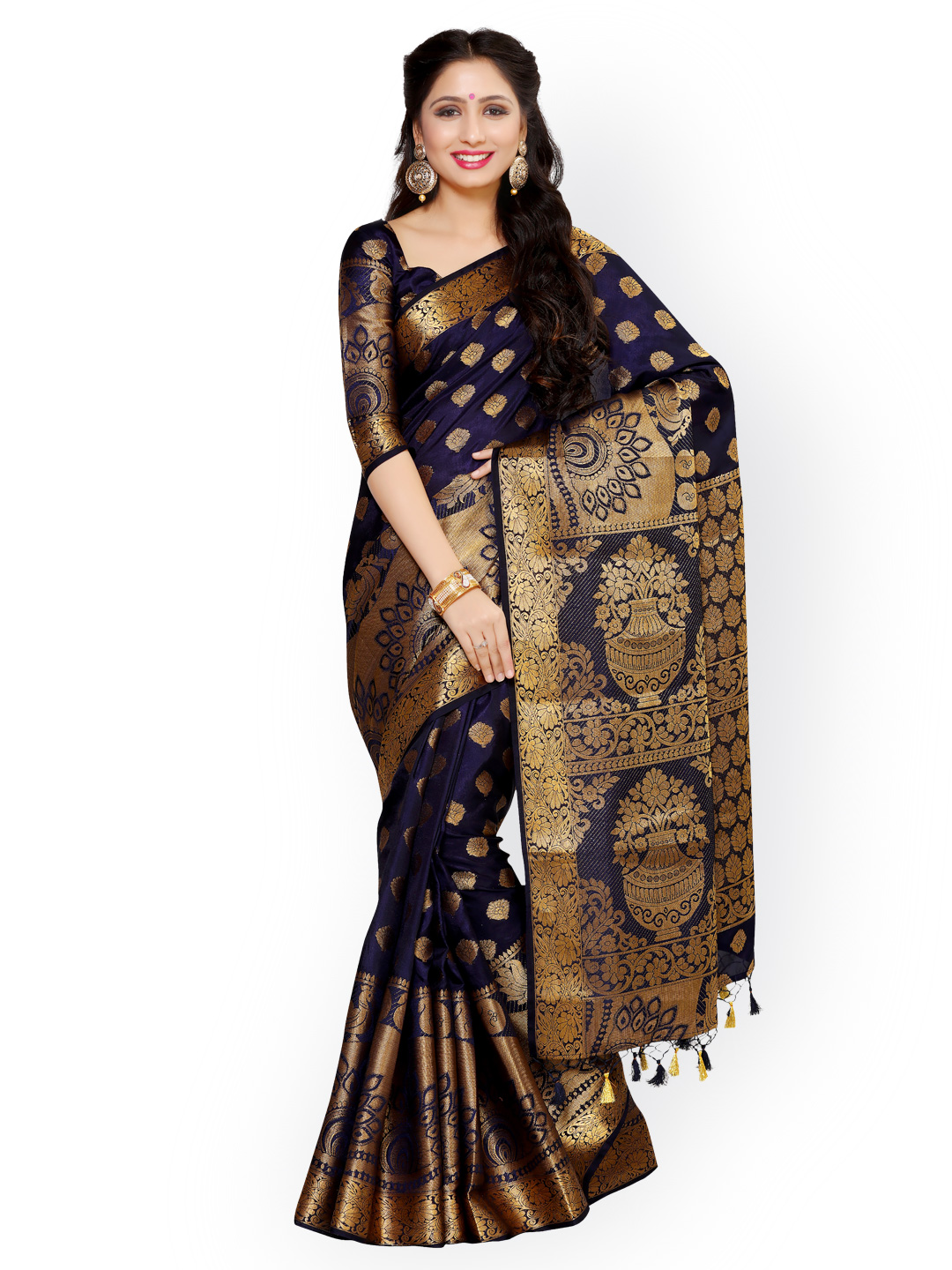 MIMOSA Navy Blue Art Silk Woven Design Kanjeevaram Saree Price in India