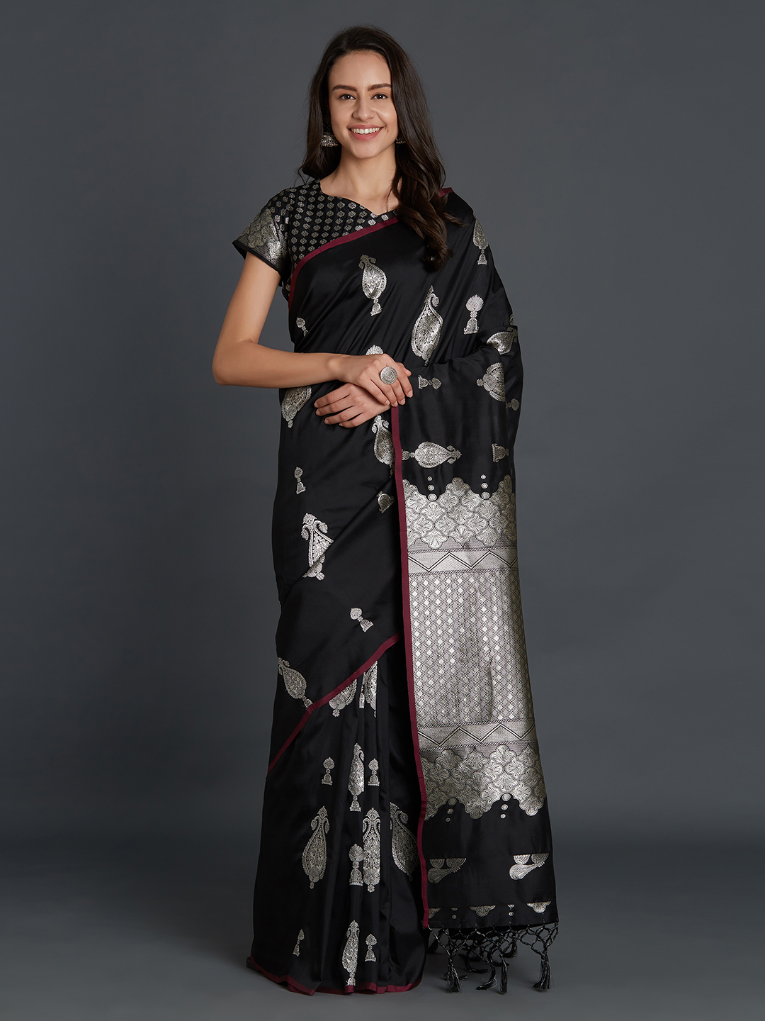 Mitera Black & Silver-Toned Silk Blend Solid Kanjeevaram Saree Price in India