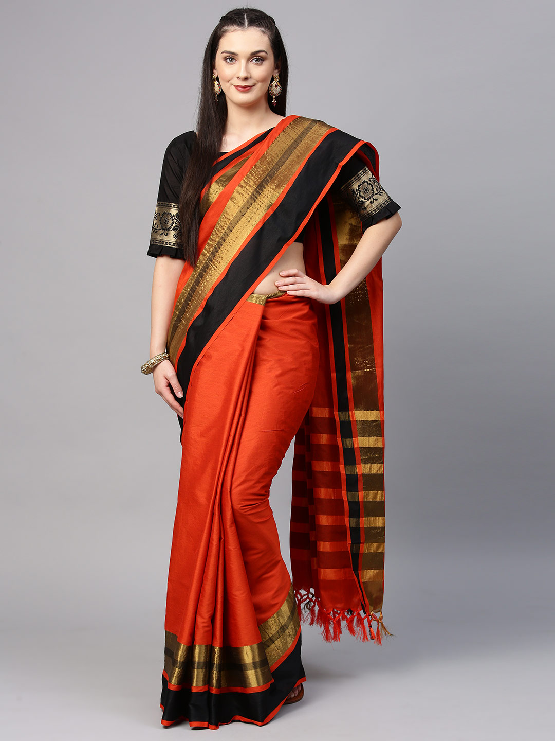 Saree mall Orange Solid Silk Cotton Saree Price in India