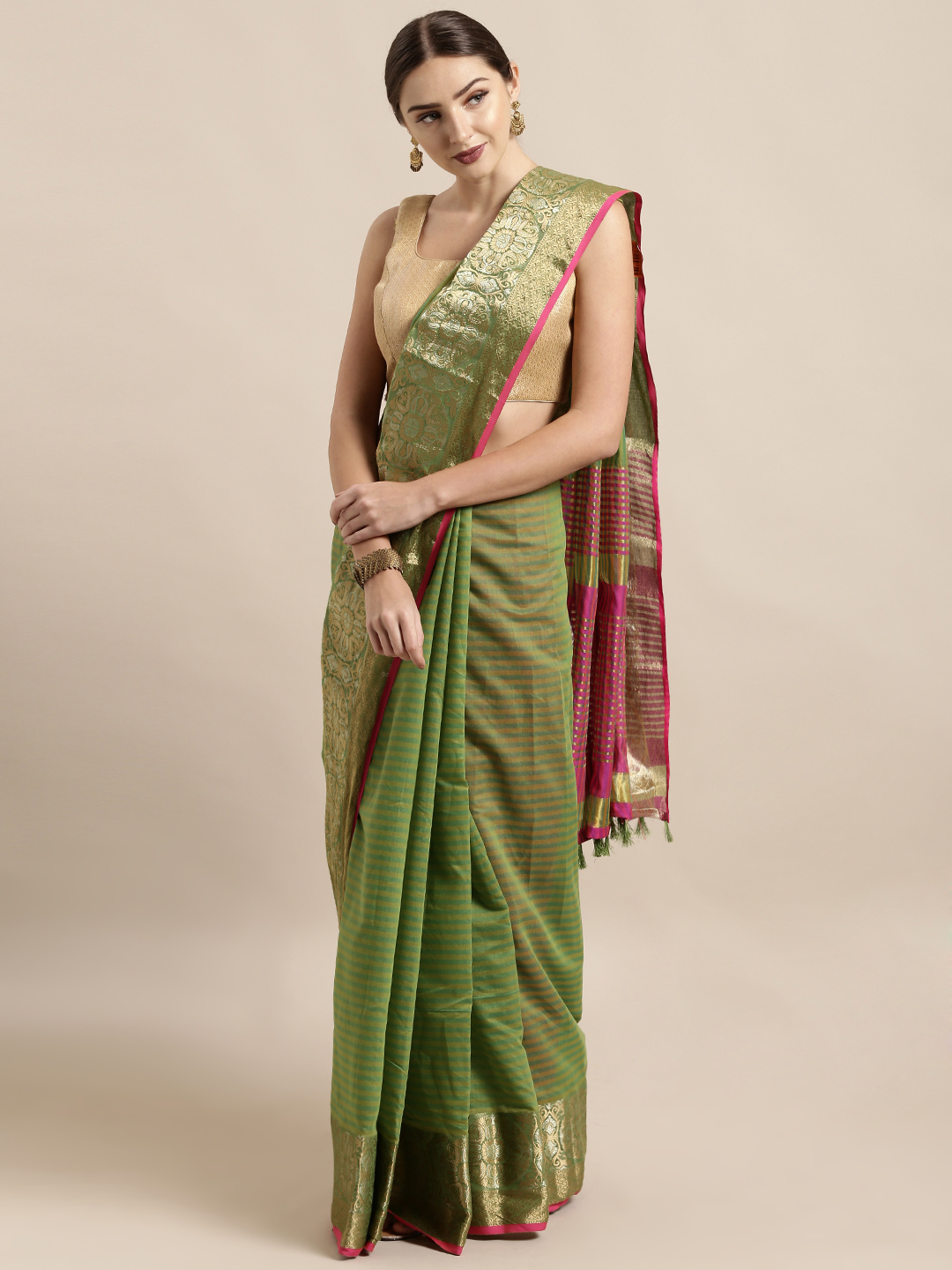 Mitera Green & Pink Silk Cotton Striped Chanderi Saree Price in India