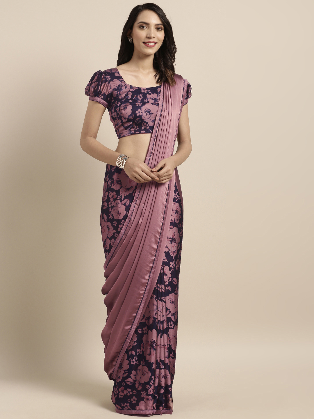 Satrani Pink & Navy Blue Pure Chiffon Printed Saree Price in India