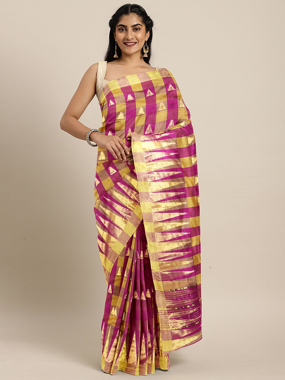 The Chennai Silks Classicate Pink & Mustard Yellow Silk Blend Woven Design Kovai Saree Price in India