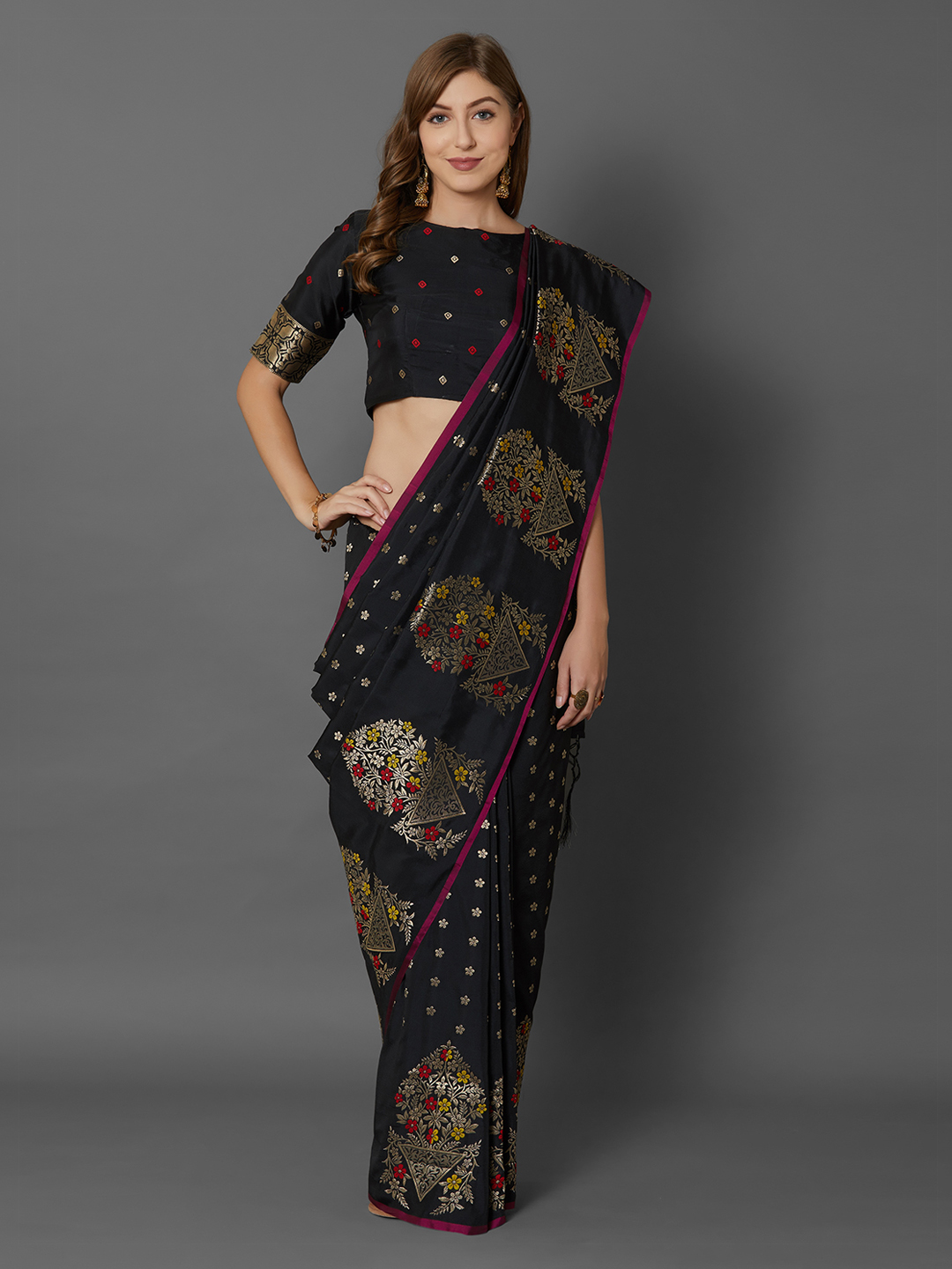 Mitera Black Woven Design Banarasi Saree Price in India