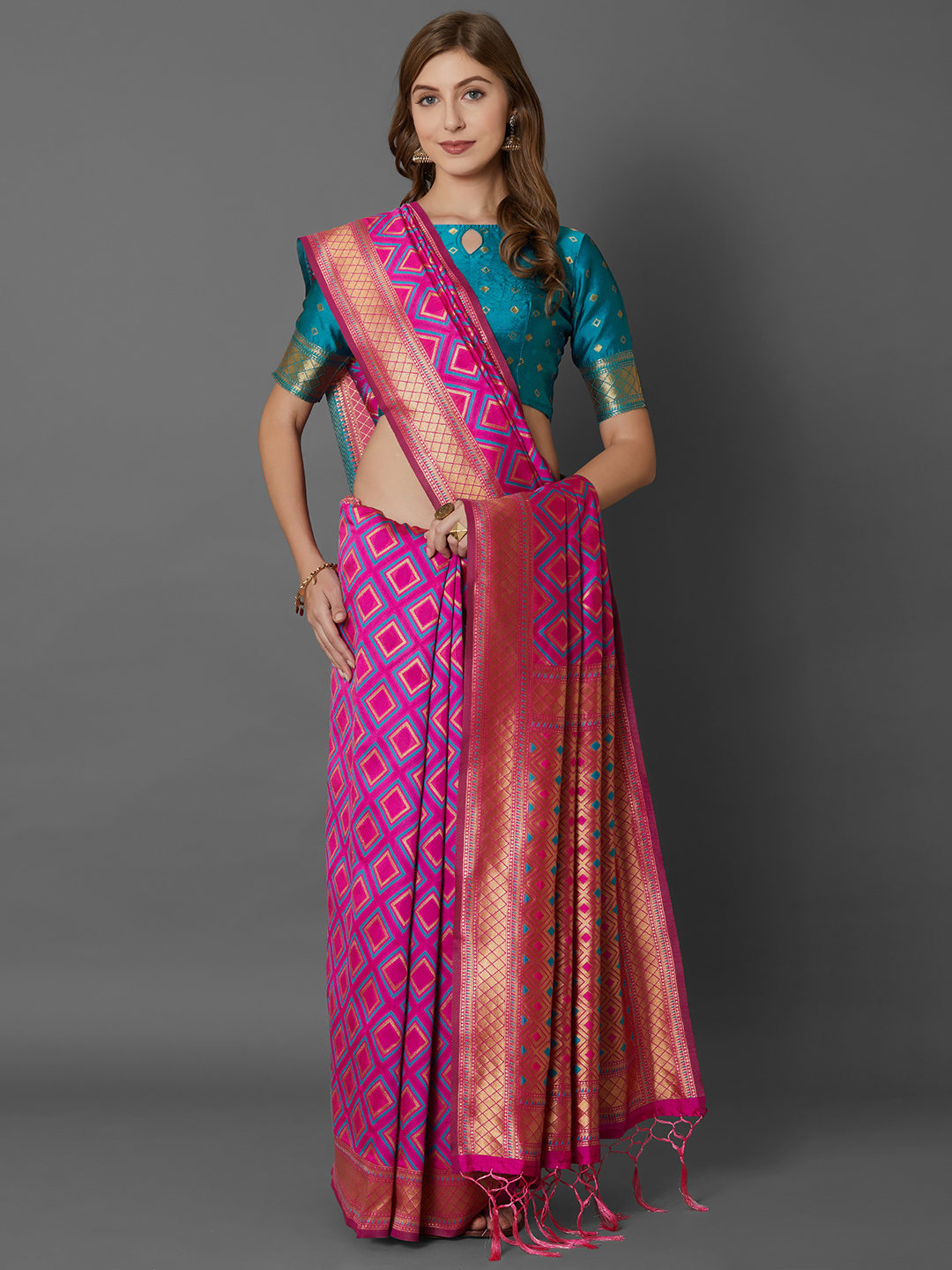 Mitera Pink & Gold-Coloured Silk Blend Woven Design Banarasi Saree Price in India