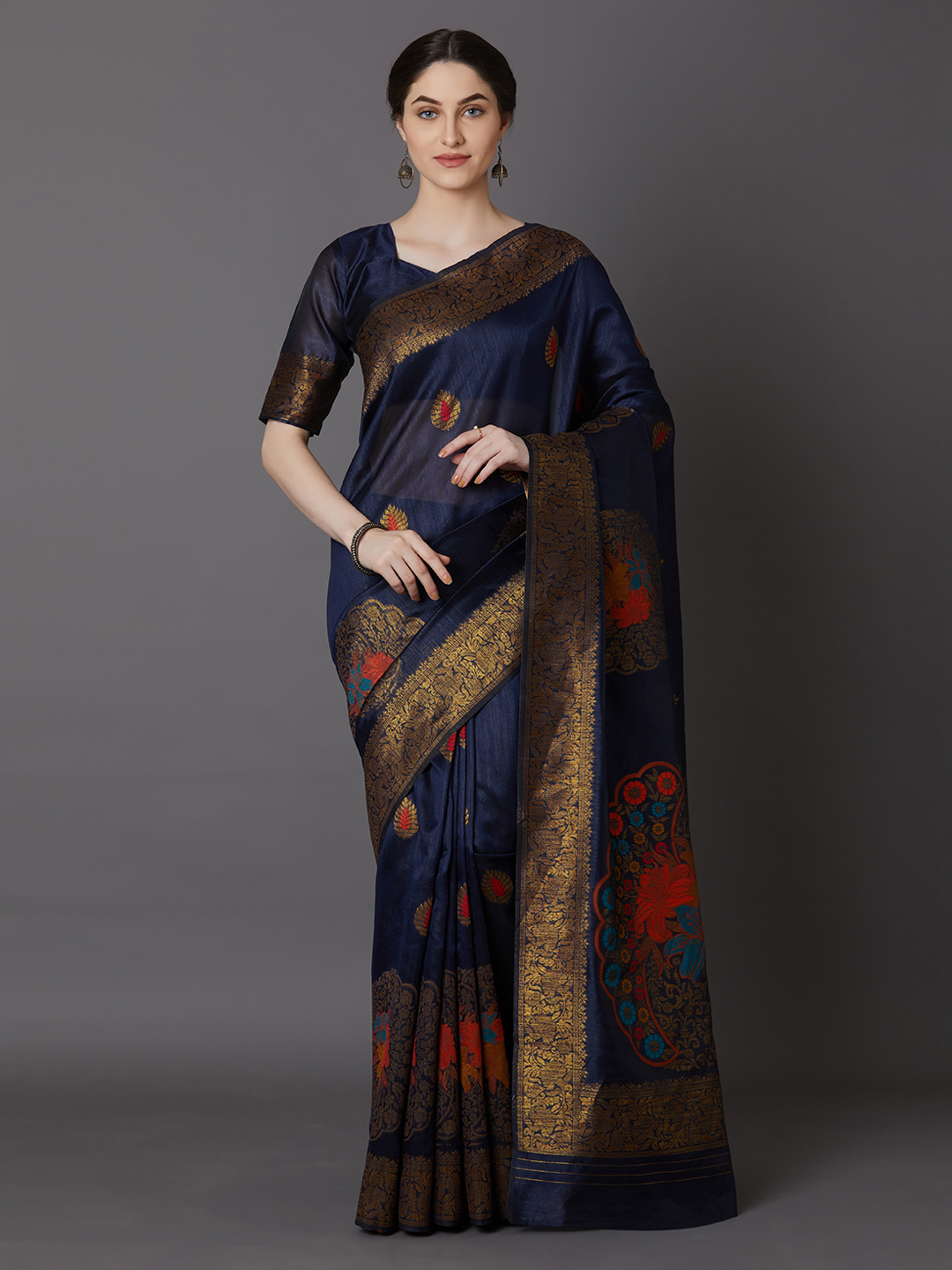 Mitera Navy Blue & Gold-Coloured Silk Blend Woven Design Banarasi Saree Price in India