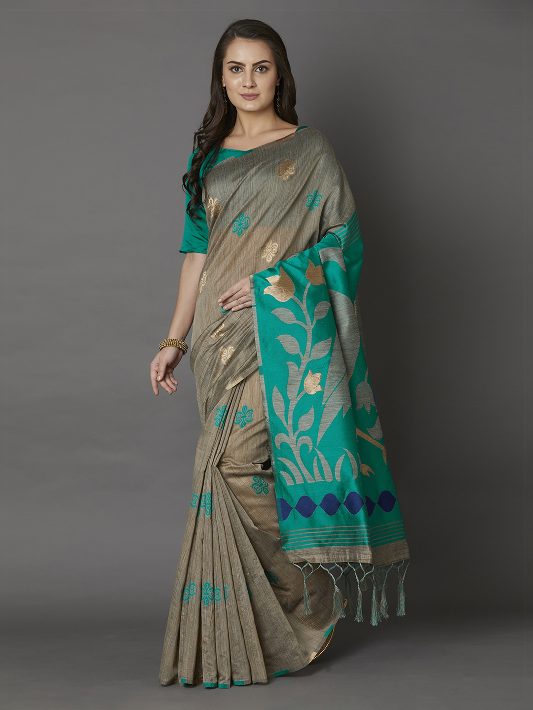 Mitera Beige & Teal Blue Silk Saree Price in India