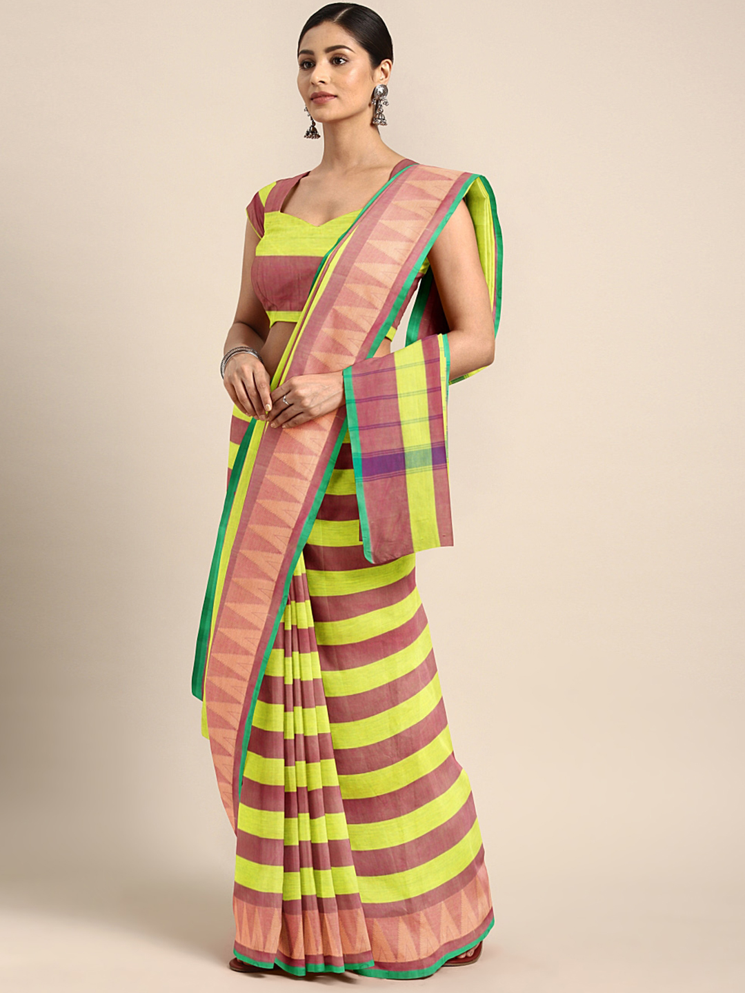 The Chennai Silks Fluorescent Green & Brown Pure Chettinad Cotton Striped Saree Price in India