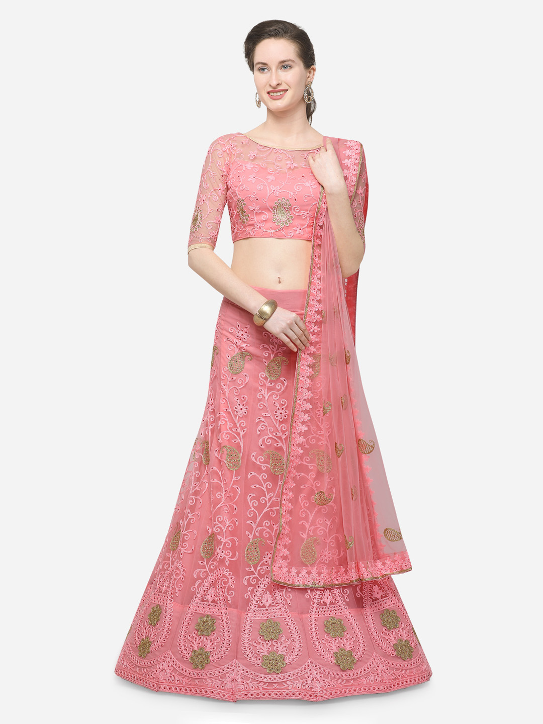 V SALES Pink Semi-Stitched Lehenga & Blouse with Dupatta Price in India