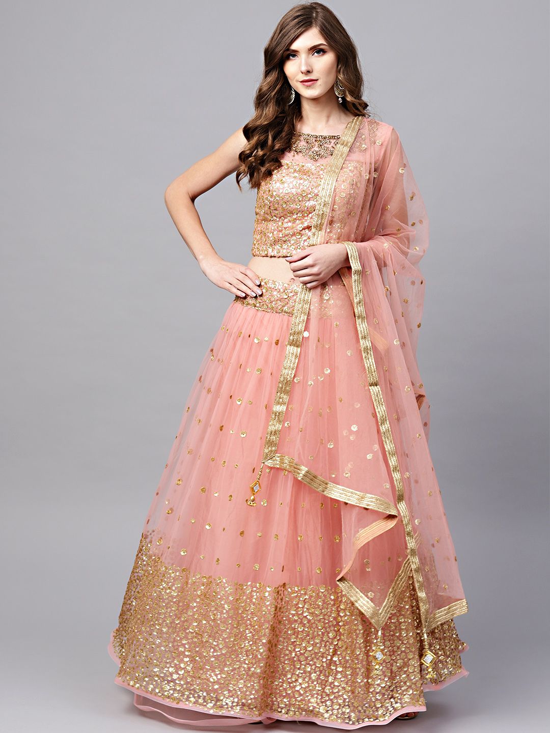 Chhabra 555 Pink & Golden Sequinned Made to Measure Lehenga & Choli with Dupatta Price in India