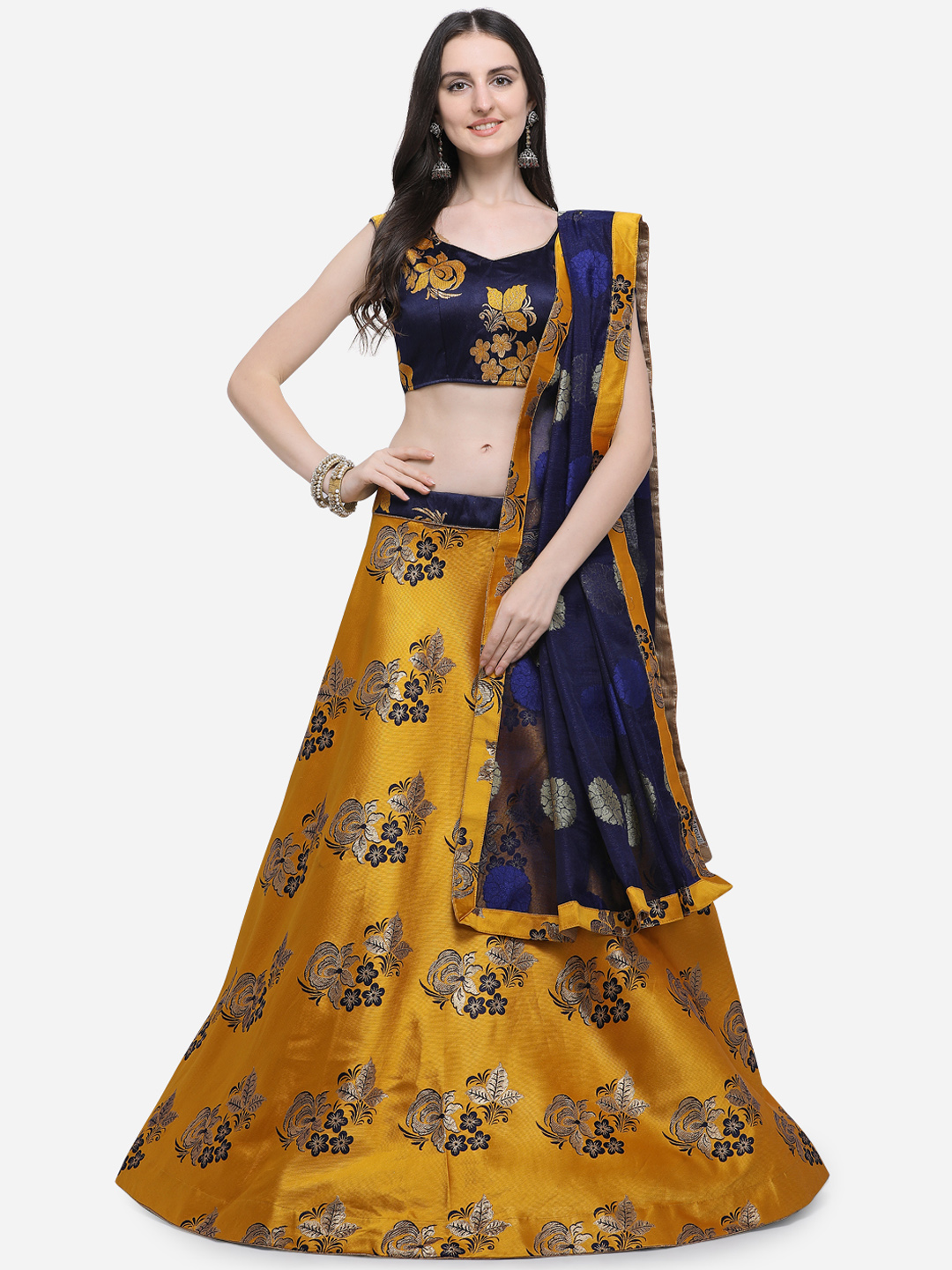 Aasvaa Yellow & Black Printed Semi-Stitched Lehenga & Unstitched Blouse with Dupatta Price in India