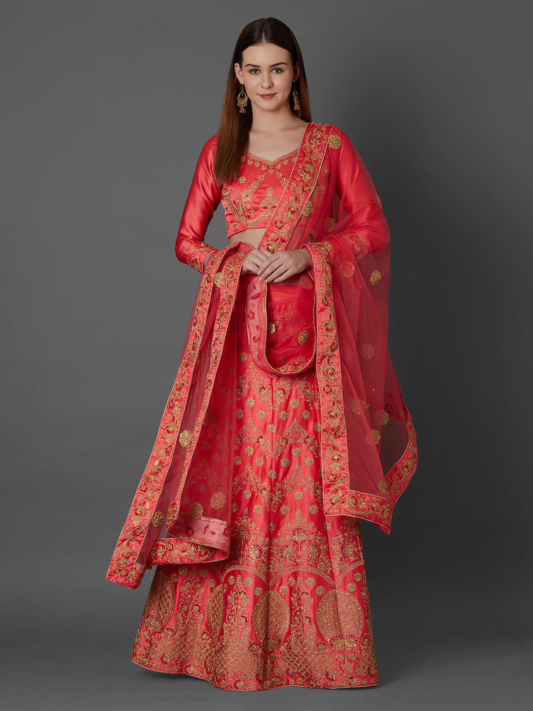 Mitera Peach-Coloured Semi-Stitched Lehenga & Blouse with Dupatta Price in India