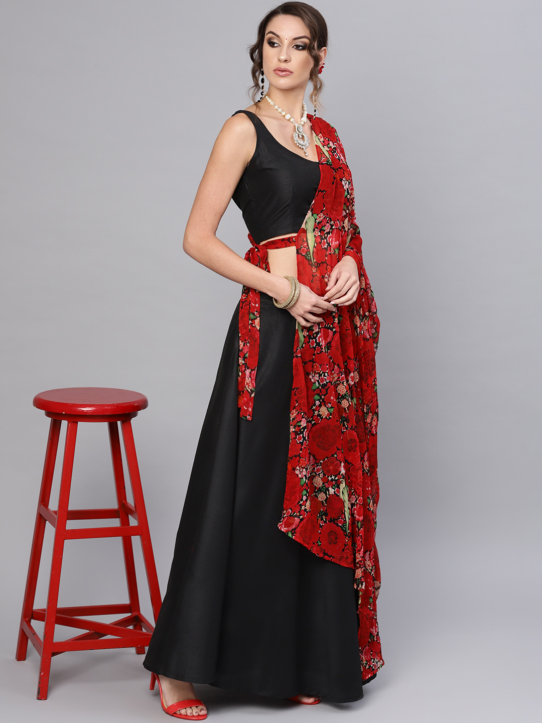 AKS Black & Red Ready to Wear Lehenga & Blouse with Dupatta Price in India