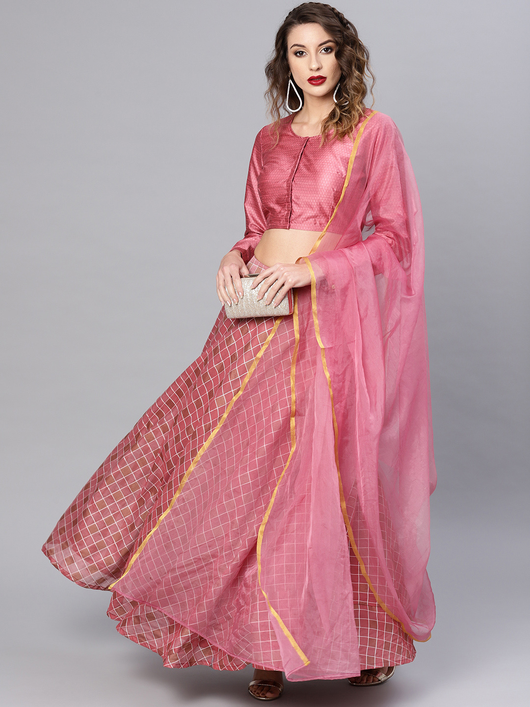 AKS Pink & Golden Checked Ready to Wear Lehenga & Blouse with Dupatta Price in India