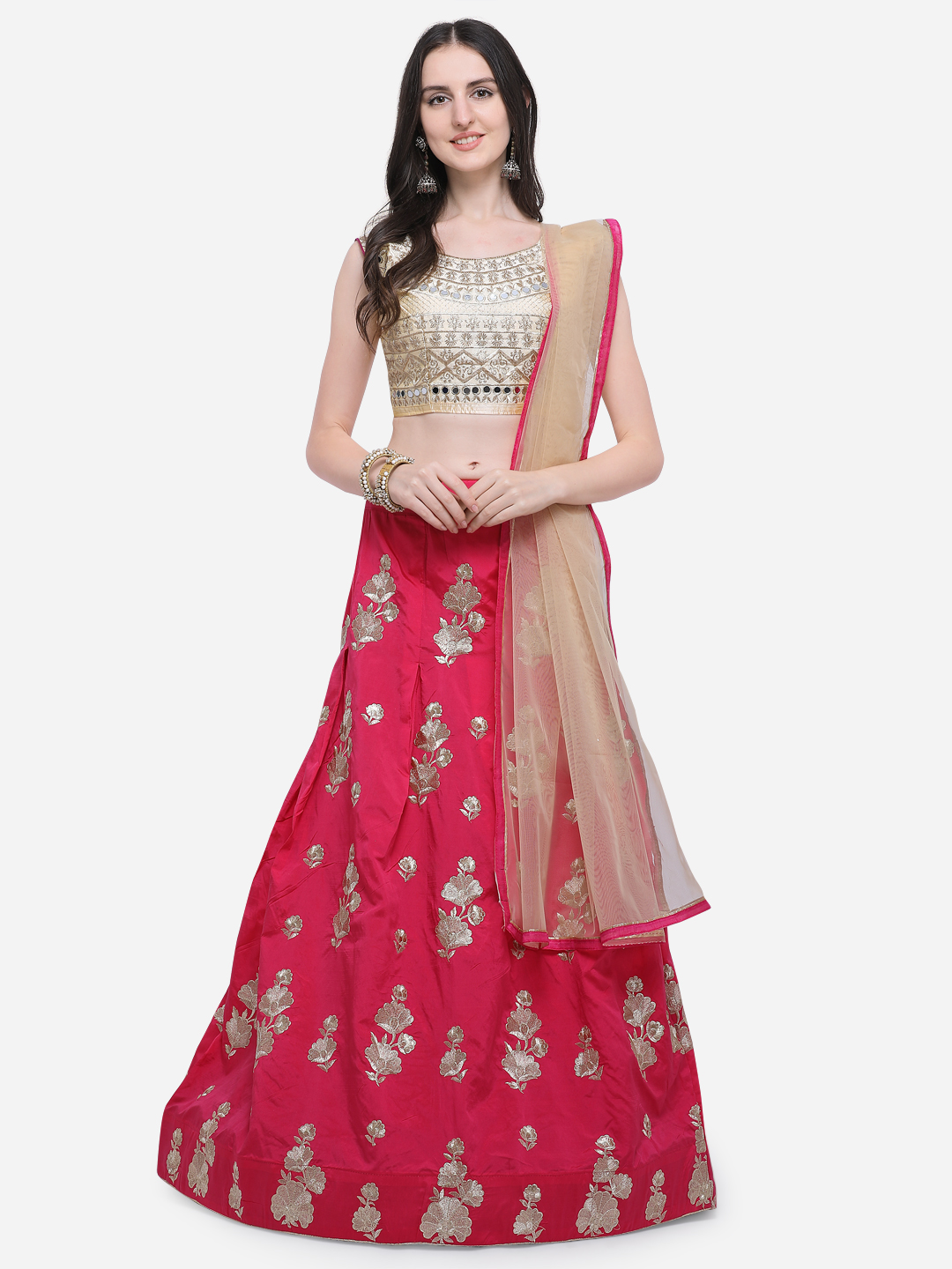 Aasvaa Pink & Gold-Toned Embroidered Semi-Stitched Lehenga & Unstitched Blouse with Dupatta Price in India