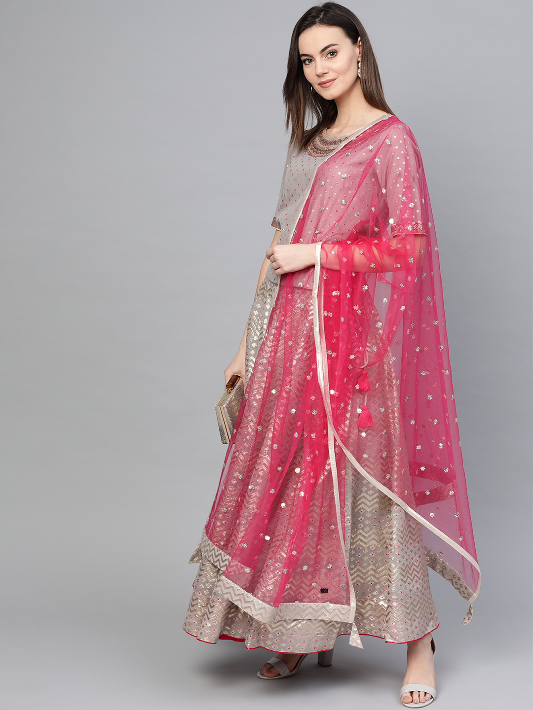 W Grey & Pink Woven Design Ready to Wear Lehenga & Blouse with Dupatta Price in India