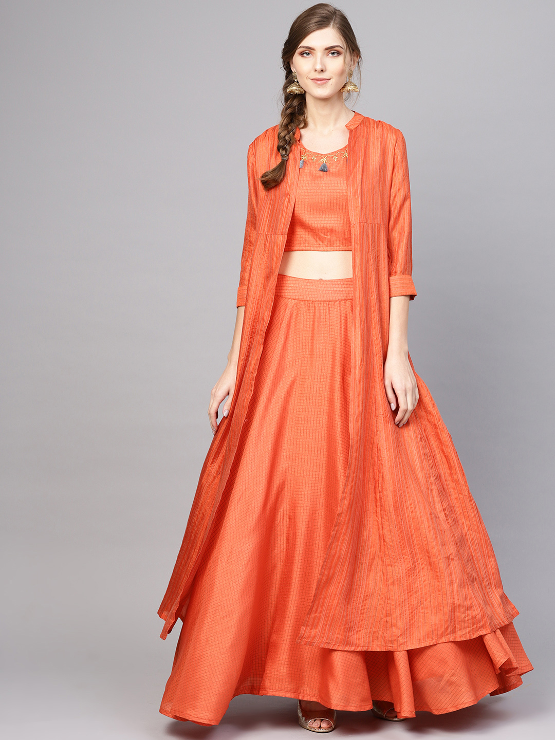 AKS Orange & Charcoal Grey Checked Ready to Wear Lehenga with Choli & Ethnic Jacket Price in India