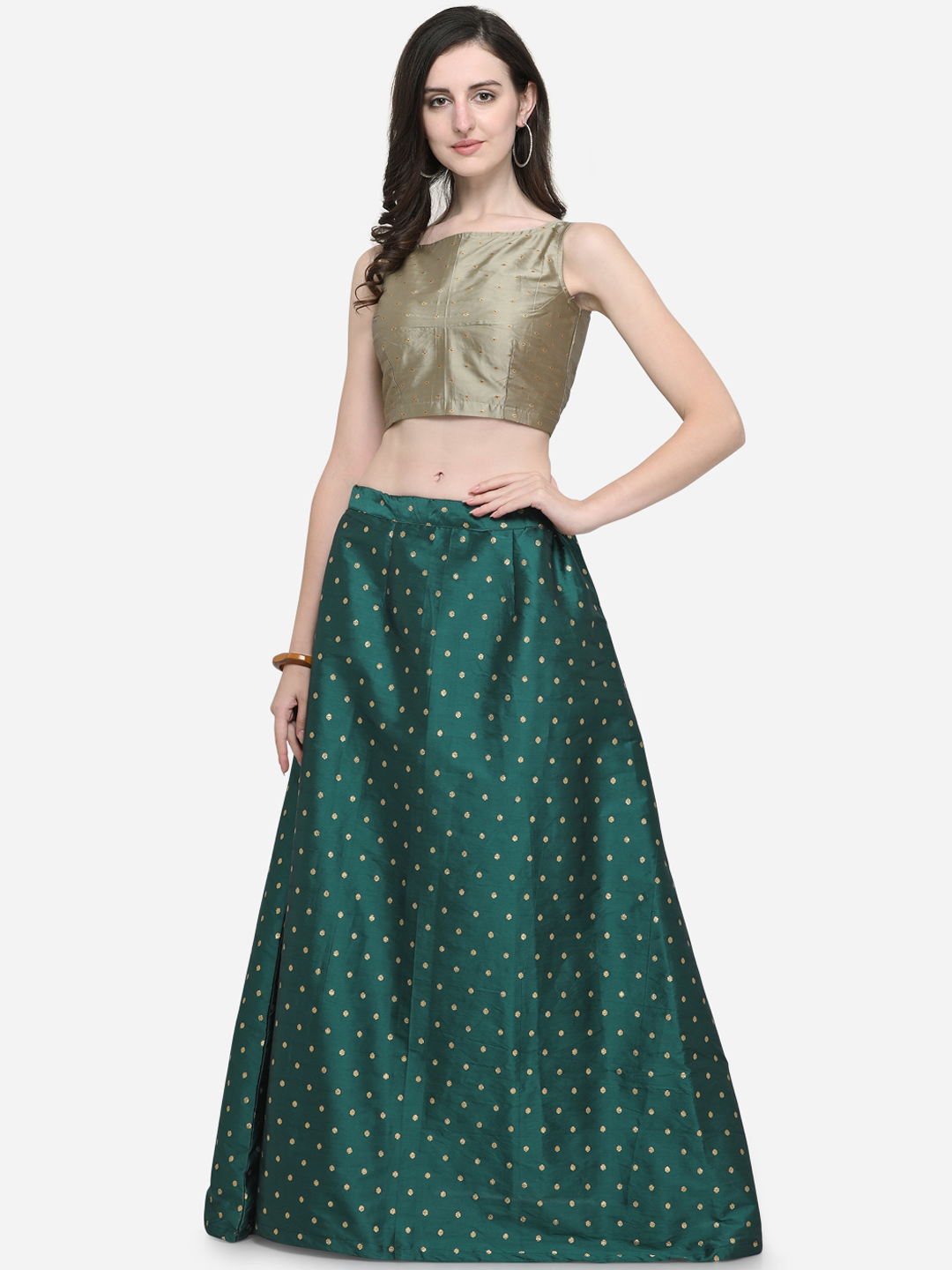 Satrani Taupe & Green Ready to Wear Lehenga with Unstiched Blouse Price in India
